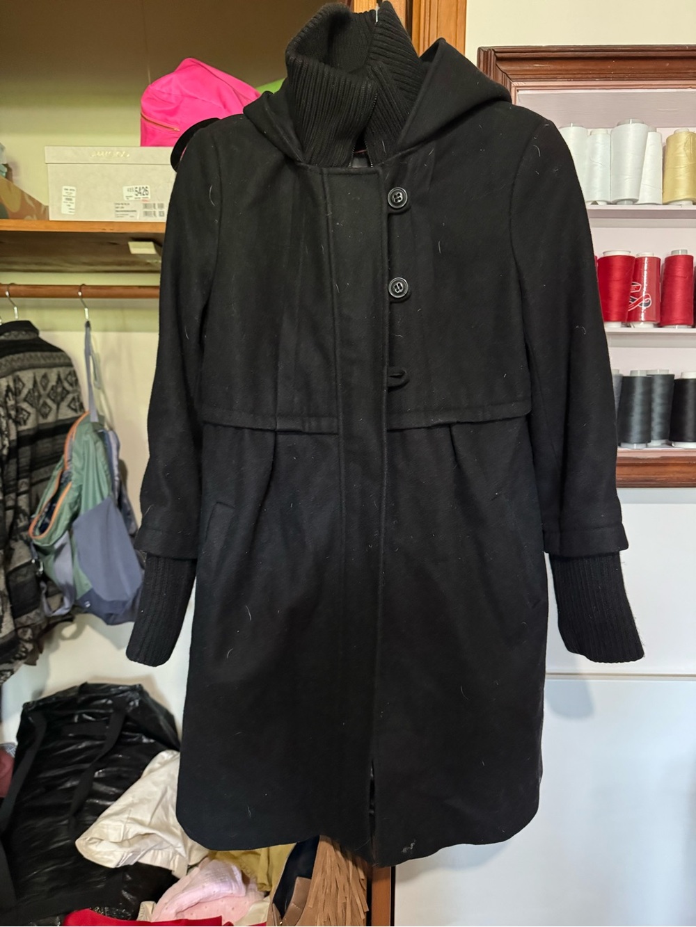 DKNY Black Hooded Trench Coat with Rib-Knit Collar